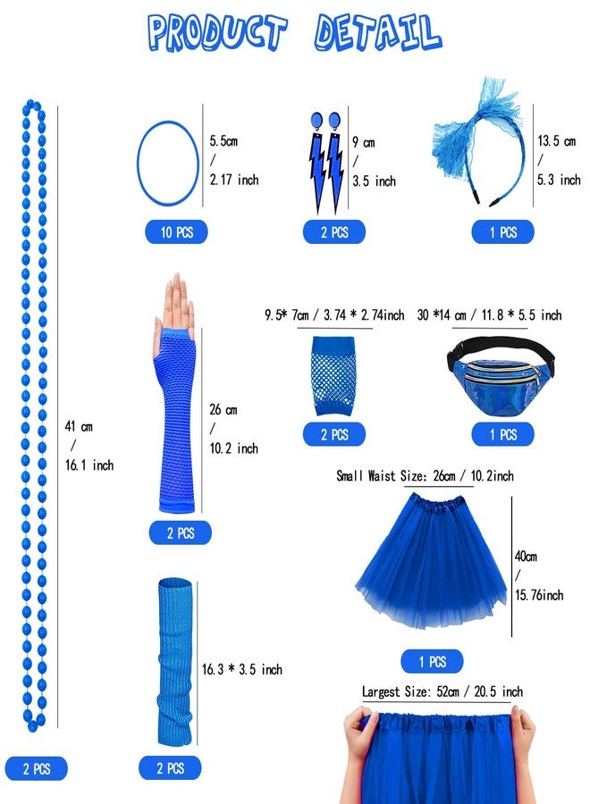 WILDPARTY 80s Costume Accessories for Women, T-Shirt Tutu Fanny Pack Headband Earring Necklace Fishnet Gloves Legwarmers 80s Party Halloween outfit for Women 24PCS (DarkBlue XL) - Image 2